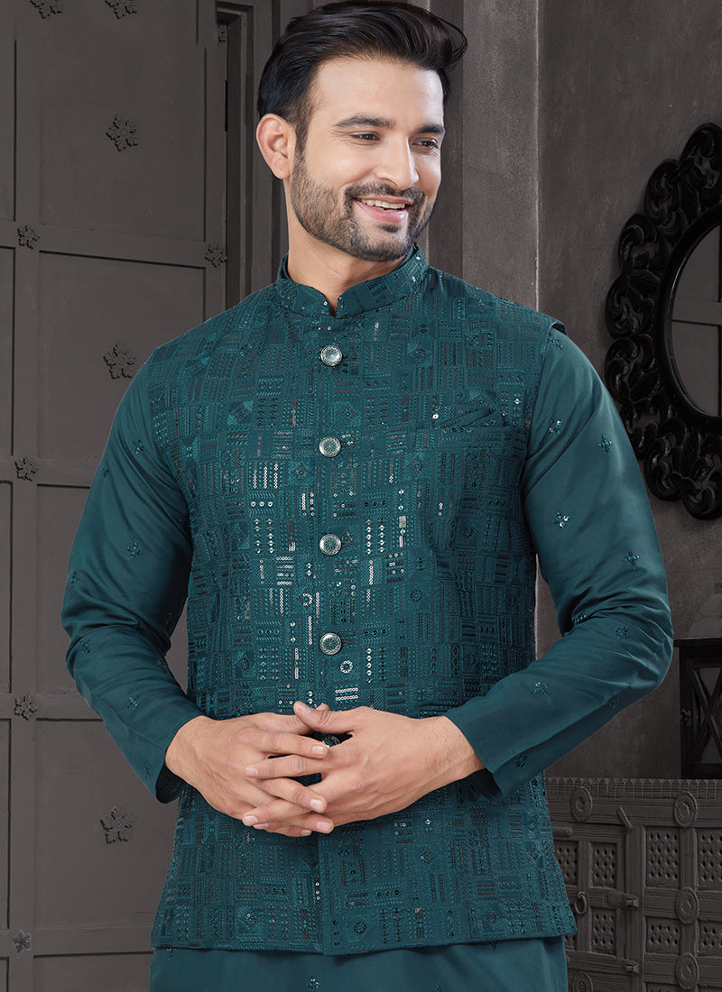 Viscose Rama Festive Wear Embroidery Work Readymade Kurta Pajama