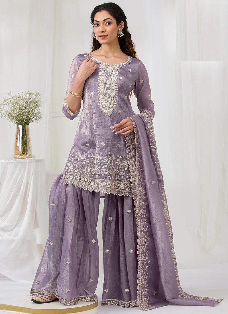 Lavender Gold Crush Embroidery Work Party Wear Sharara Suit SW442711