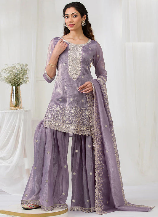 Lavender Gold Crush Embroidery Work Party Wear Sharara Suit SW442711