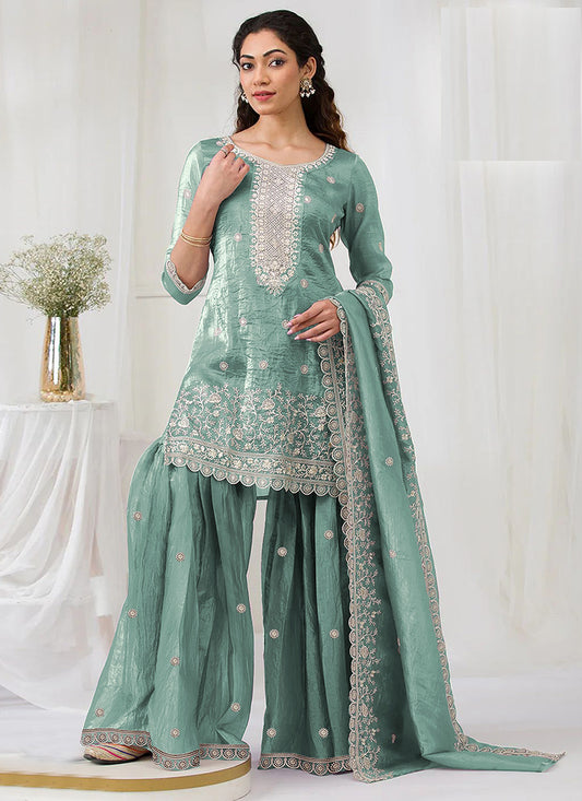 Mint Green Gold Crush Embroidery Work Party Wear Sharara Suit SW338140
