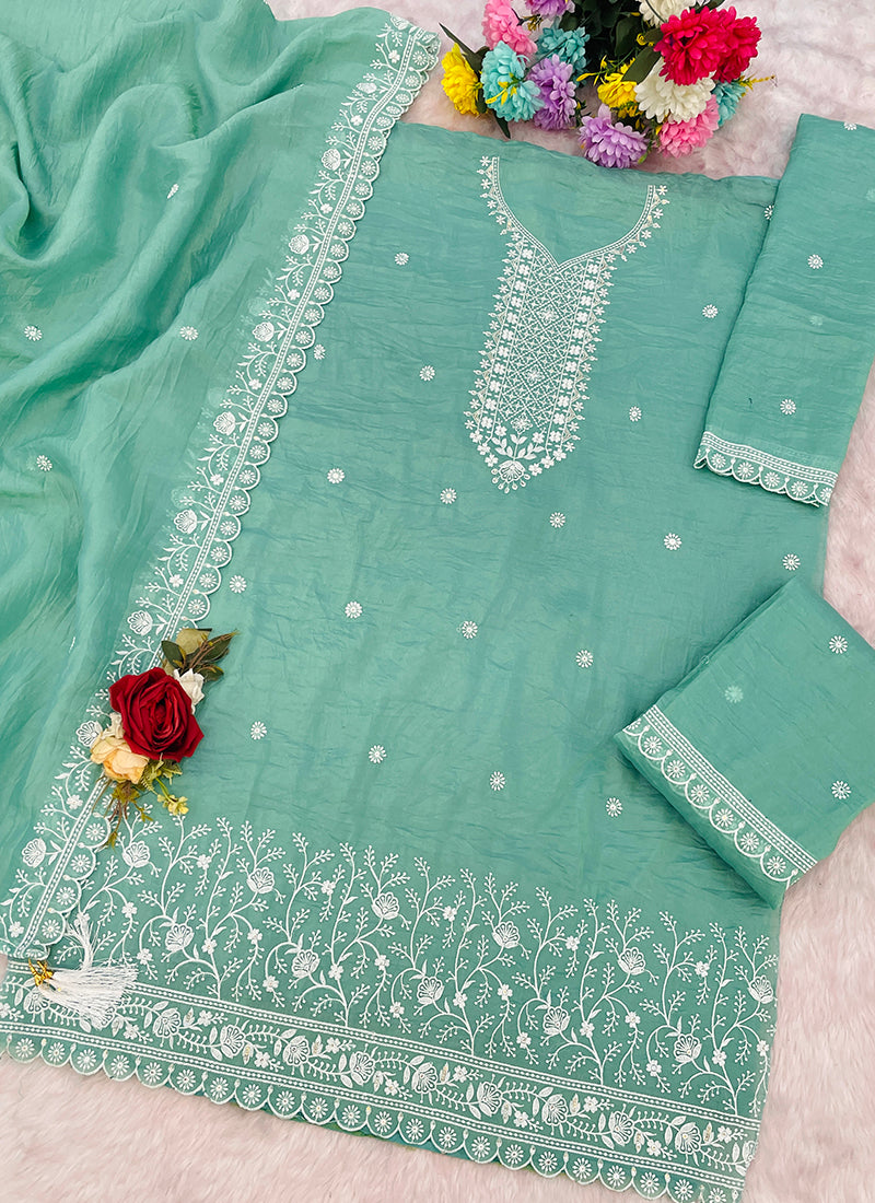 Mint Green Gold Crush Embroidery Work Party Wear Sharara Suit SW338140