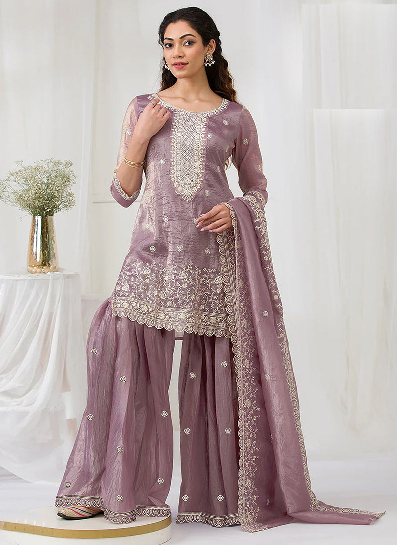 Mauve Gold Crush Embroidery Work Party Wear Sharara Suit SW655485