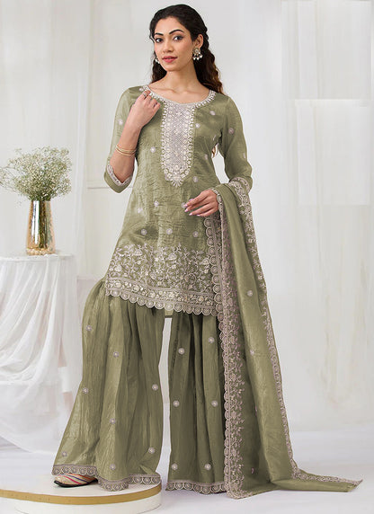 Olive Green Gold Crush Embroidery Work Party Wear Sharara Suit SW701601