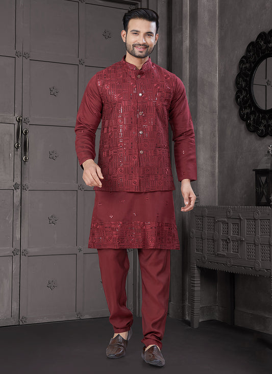 Viscose Maroon Festive Wear Embroidery Work Readymade Kurta Pajama