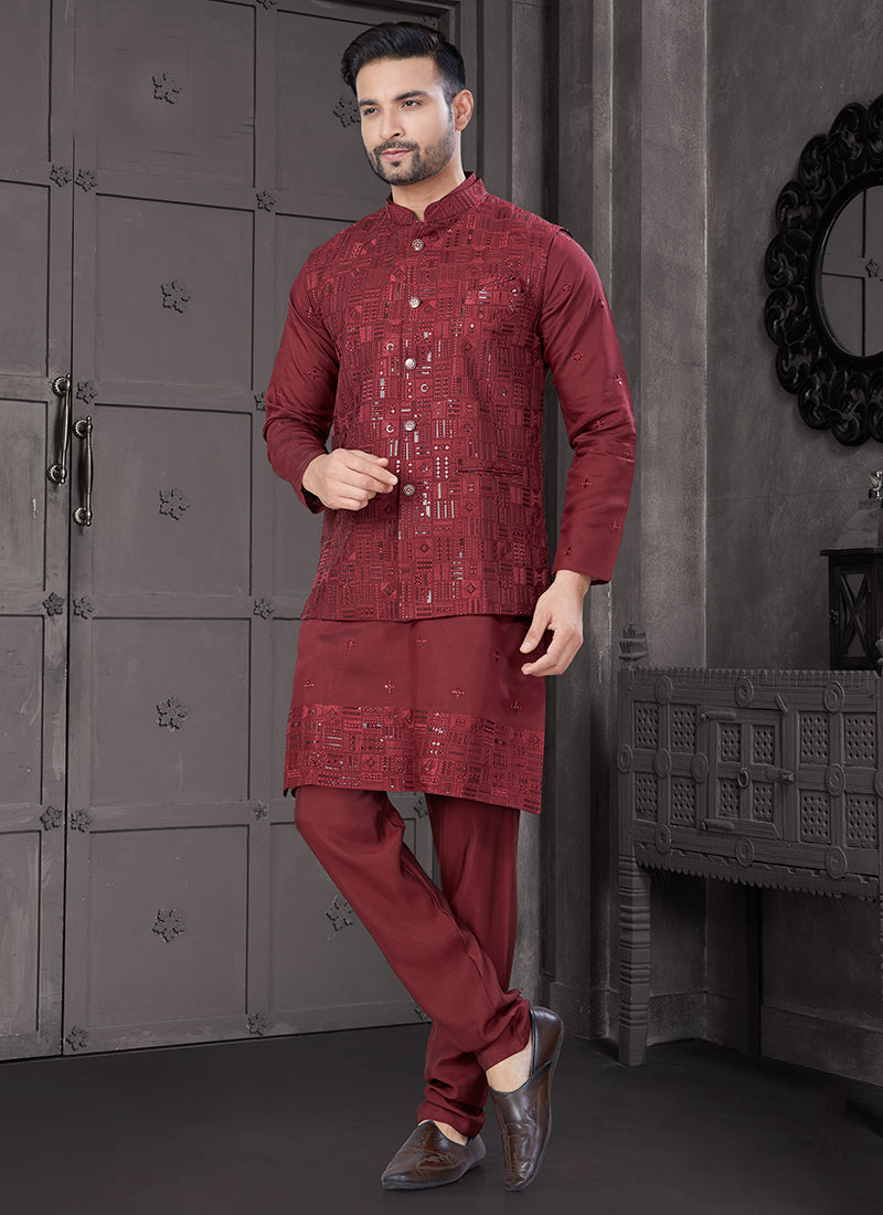 Viscose Maroon Festive Wear Embroidery Work Readymade Kurta Pajama