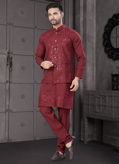 Viscose Maroon Festive Wear Embroidery Work Readymade Kurta Pajama