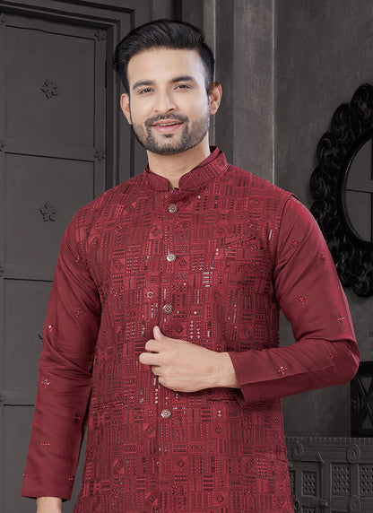Viscose Maroon Festive Wear Embroidery Work Readymade Kurta Pajama