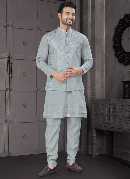 Viscose Grey Festive Wear Embroidery Work Readymade Kurta Pajama