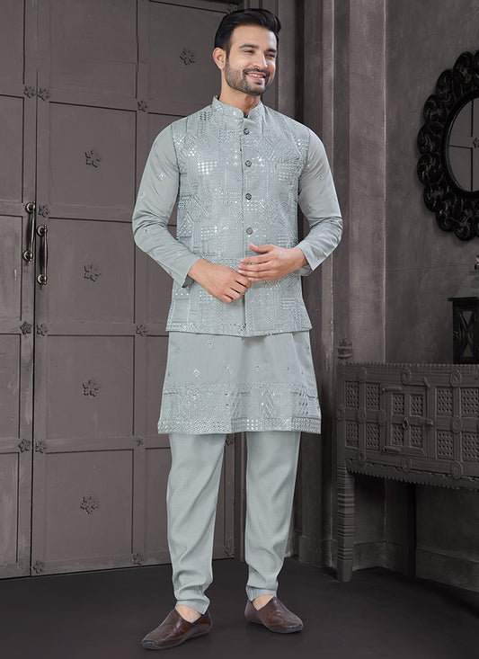 Viscose Grey Festive Wear Embroidery Work Readymade Kurta Pajama