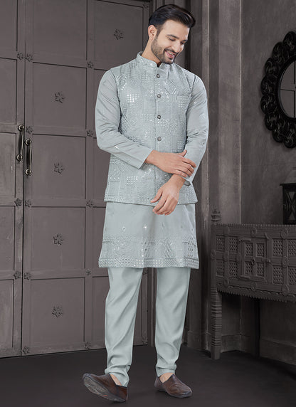 Viscose Grey Festive Wear Embroidery Work Readymade Kurta Pajama