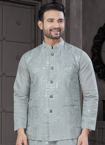 Viscose Grey Festive Wear Embroidery Work Readymade Kurta Pajama