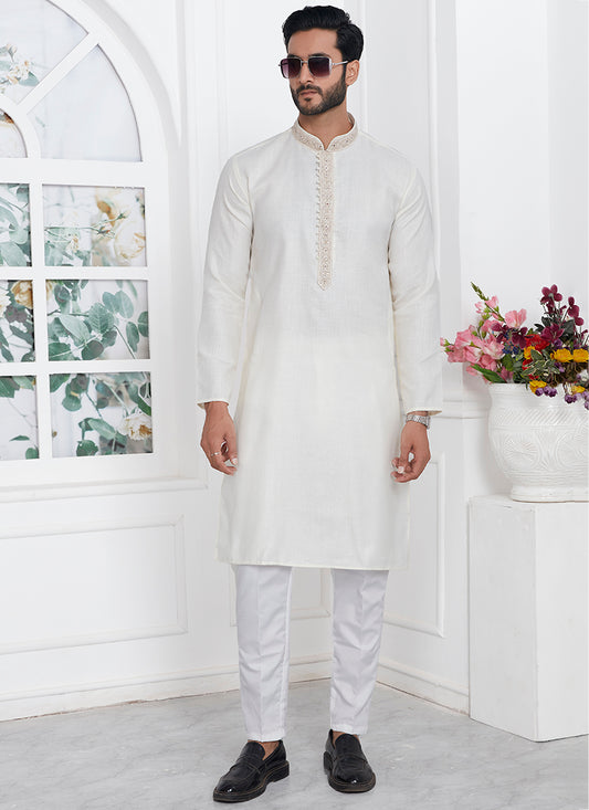 Linen Cotton Cream Traditional Wear Thread Work Kurta Pajama 340565
