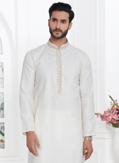 Linen Cotton Cream Traditional Wear Thread Work Kurta Pajama 340565