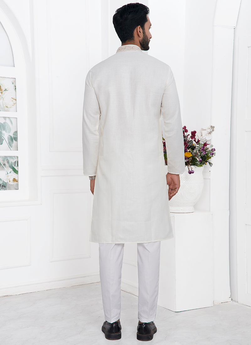 Linen Cotton Cream Traditional Wear Thread Work Kurta Pajama 340565