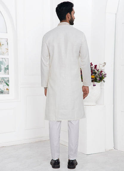 Linen Cotton Cream Traditional Wear Thread Work Kurta Pajama 340565