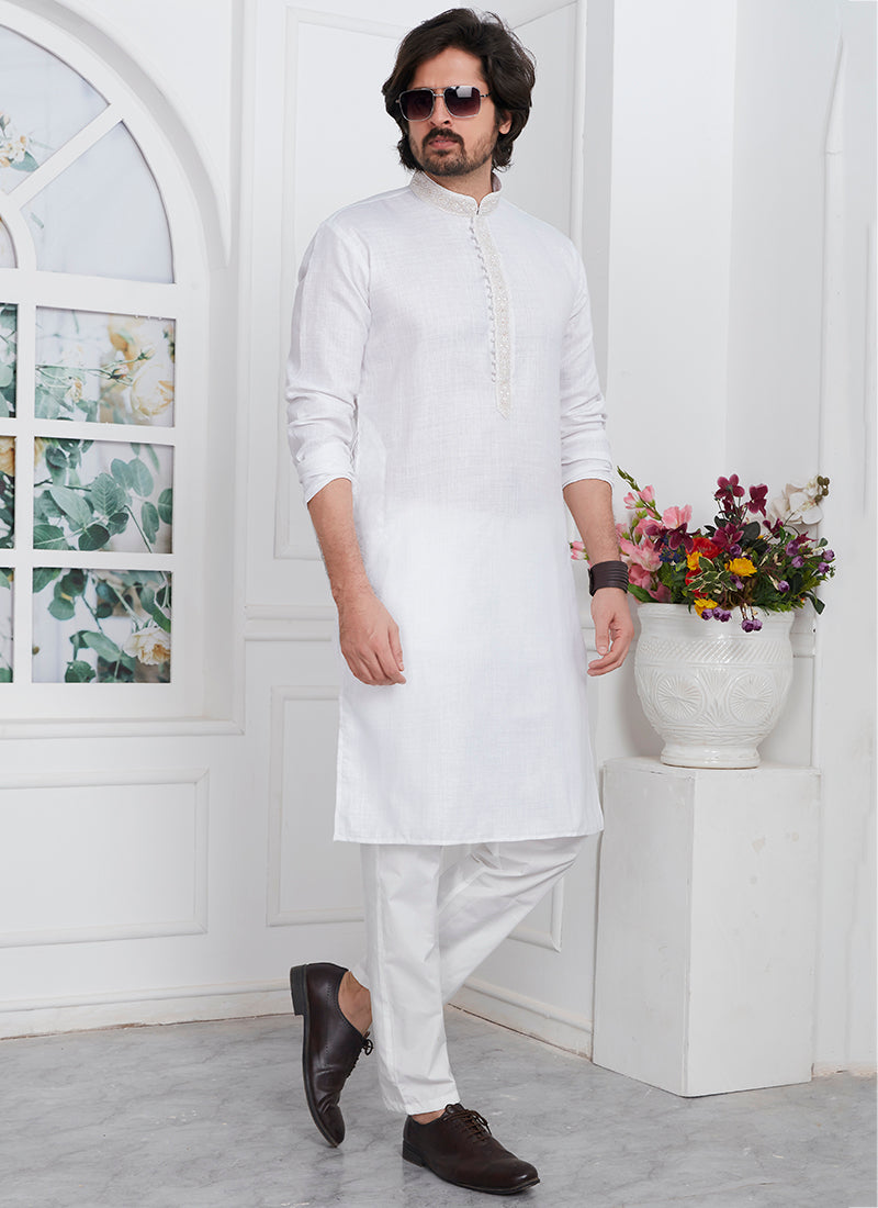 Linen Cotton White Traditional Wear Thread Work Kurta Pajama 340568