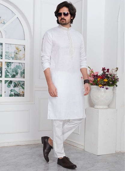 Linen Cotton White Traditional Wear Thread Work Kurta Pajama 340568