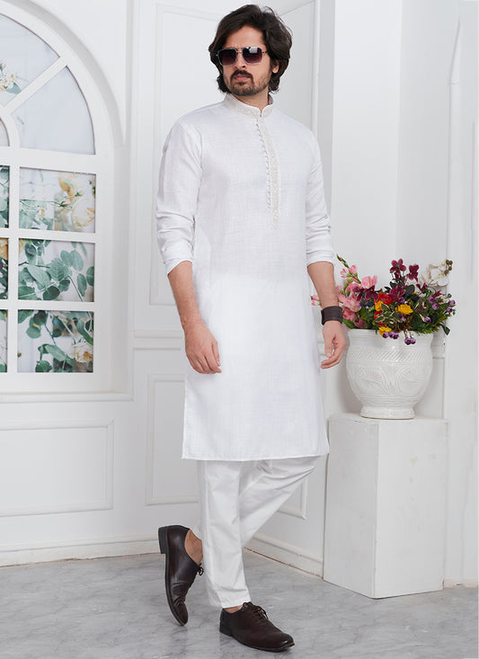 Linen Cotton White Traditional Wear Thread Work Kurta Pajama 340568
