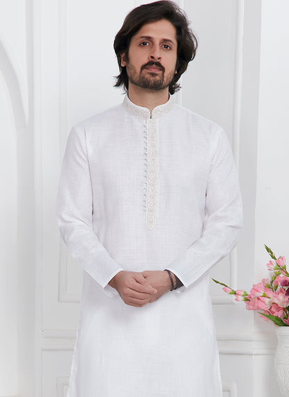 Linen Cotton White Traditional Wear Thread Work Kurta Pajama 340568