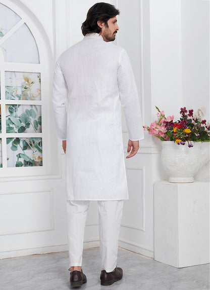 Linen Cotton White Traditional Wear Thread Work Kurta Pajama 340568