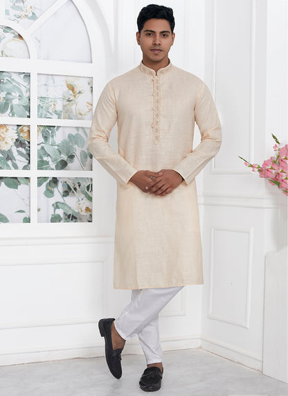 Linen Cotton Beige Traditional Wear Thread Work Kurta Pajama 340569