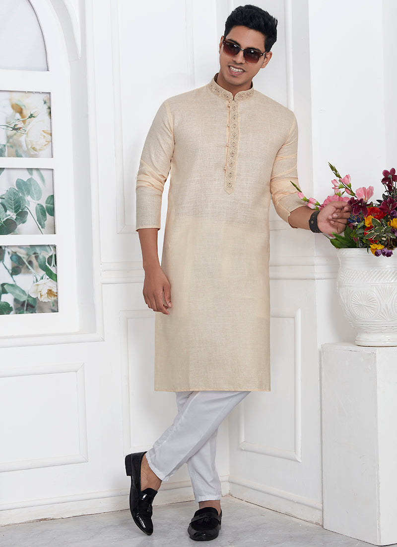 Linen Cotton Beige Traditional Wear Thread Work Kurta Pajama 340569