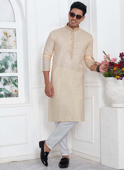 Linen Cotton Beige Traditional Wear Thread Work Kurta Pajama 340569