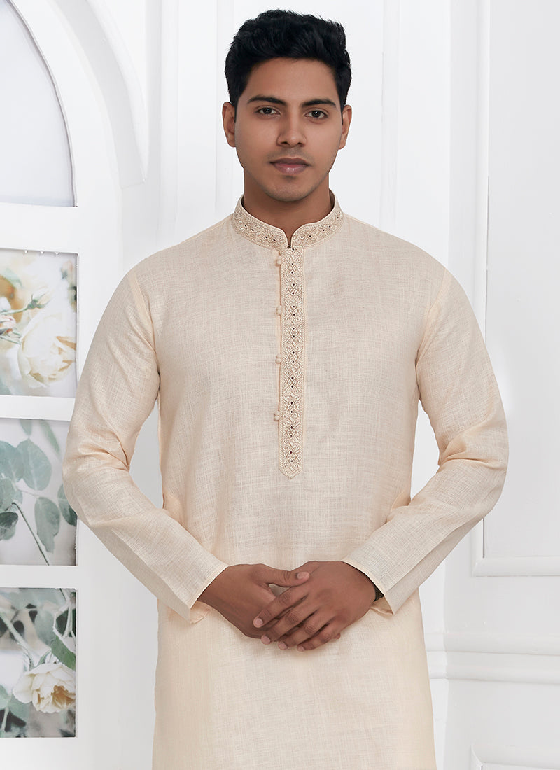 Linen Cotton Beige Traditional Wear Thread Work Kurta Pajama 340569