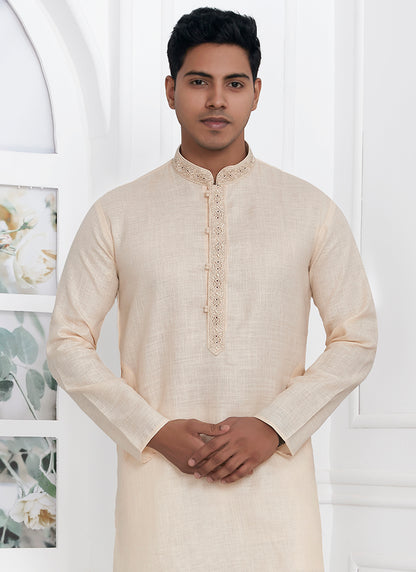 Linen Cotton Beige Traditional Wear Thread Work Kurta Pajama 340569