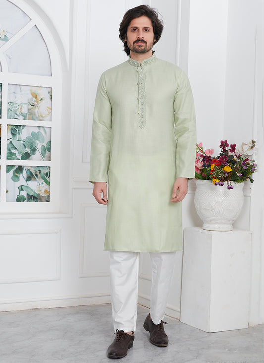 Linen Cotton Pista Green Traditional Wear Thread Work Kurta Pajama 340570