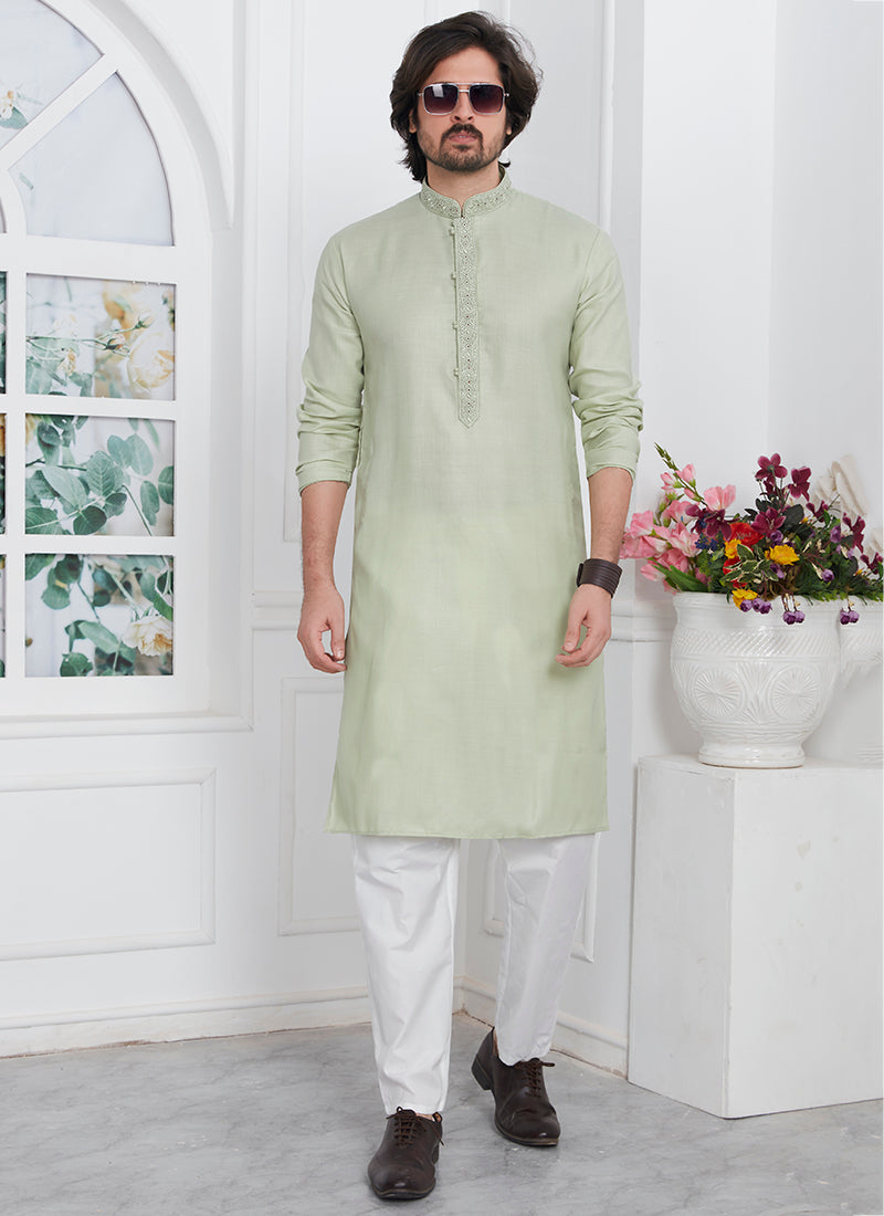 Linen Cotton Pista Green Traditional Wear Thread Work Kurta Pajama 340570