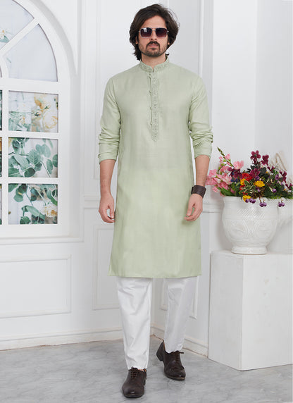 Linen Cotton Pista Green Traditional Wear Thread Work Kurta Pajama 340570