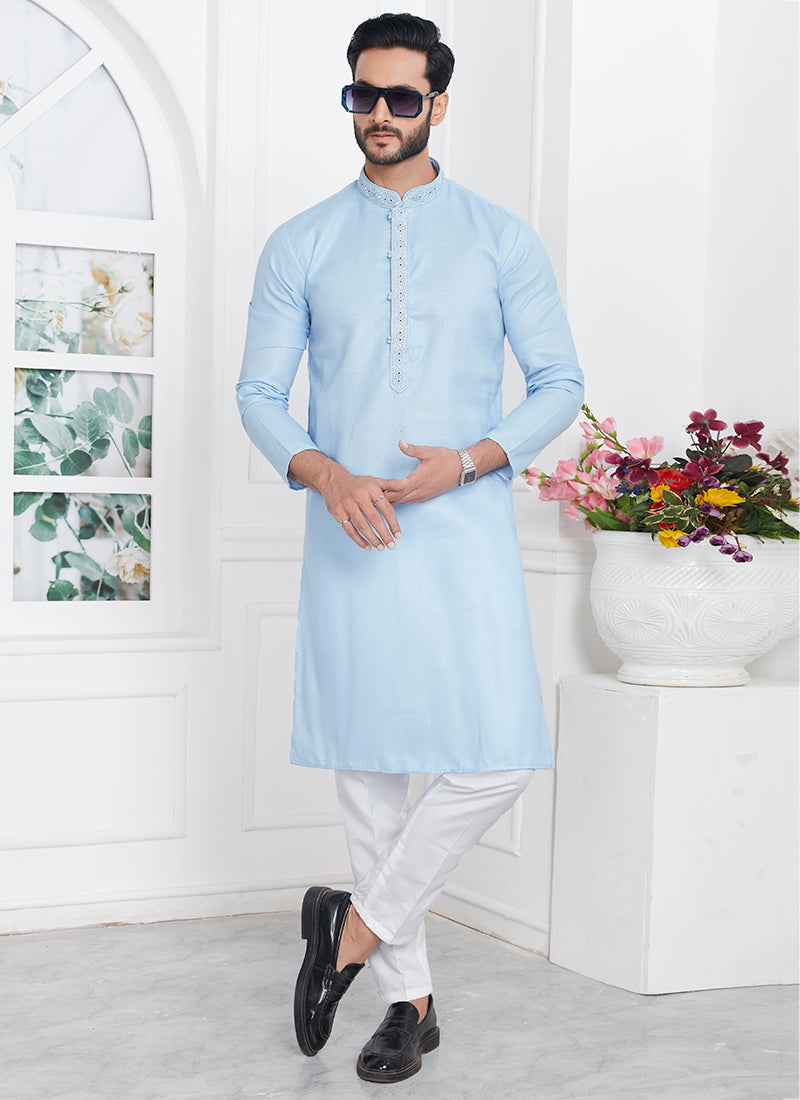 Linen Cotton Blue Traditional Wear Thread Work Kurta Pajama 340571