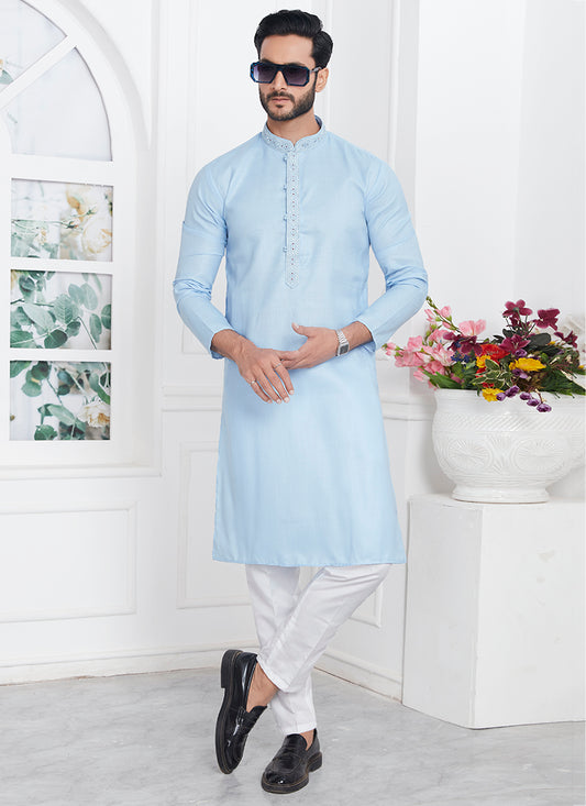 Linen Cotton Blue Traditional Wear Thread Work Kurta Pajama 340571