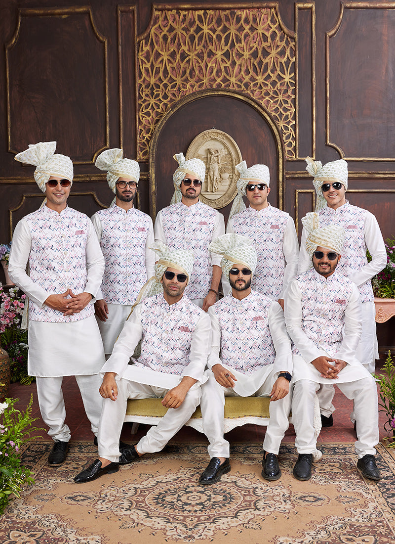 Banarasi Silk Multi Wedding Wear Digital Print Radymade Modi Jacket Kurta Pajama 357935