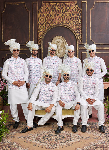 Banarasi Silk Multi Wedding Wear Digital Print Radymade Modi Jacket Kurta Pajama 357935