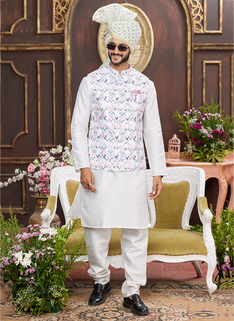 Banarasi Silk Multi Wedding Wear Digital Print Radymade Modi Jacket Kurta Pajama 357935
