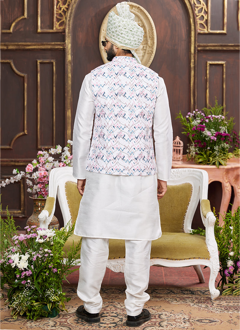 Banarasi Silk Multi Wedding Wear Digital Print Radymade Modi Jacket Kurta Pajama 357935