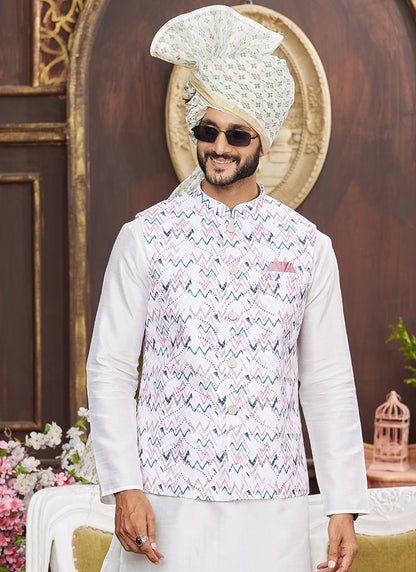 Banarasi Silk Multi Wedding Wear Digital Print Radymade Modi Jacket Kurta Pajama 357935