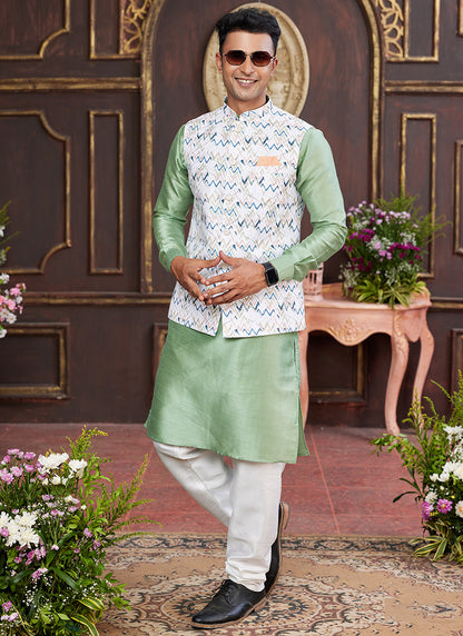 Banarasi Silk Green Wedding Wear Digital Print Radymade Modi Jacket Kurta Pajama 357936