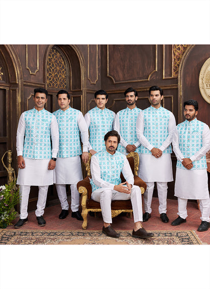 Banarasi Silk Blue Wedding Wear Digital Print Radymade Modi Jacket Kurta Pajama 357937