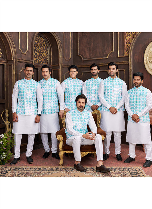 Banarasi Silk Blue Wedding Wear Digital Print Radymade Modi Jacket Kurta Pajama 357937