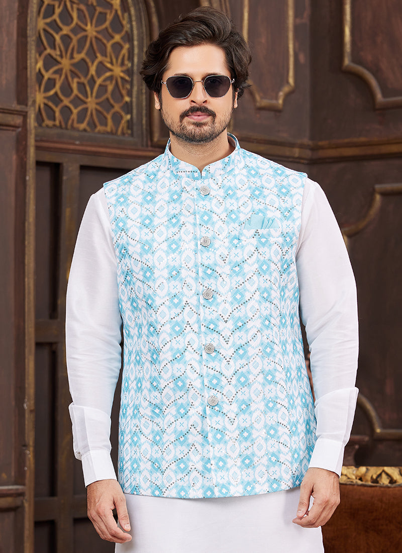 Banarasi Silk Blue Wedding Wear Digital Print Radymade Modi Jacket Kurta Pajama 357937