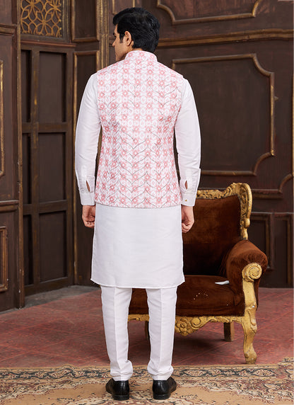 Banarasi Silk Pink Wedding Wear Digital Print Radymade Modi Jacket Kurta Pajama 357938