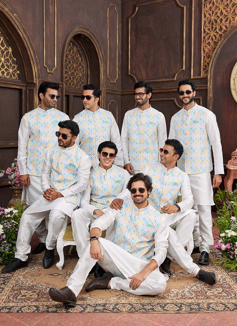 Banarasi Silk Multi Wedding Wear Digital Print Radymade Modi Jacket Kurta Pajama 357939