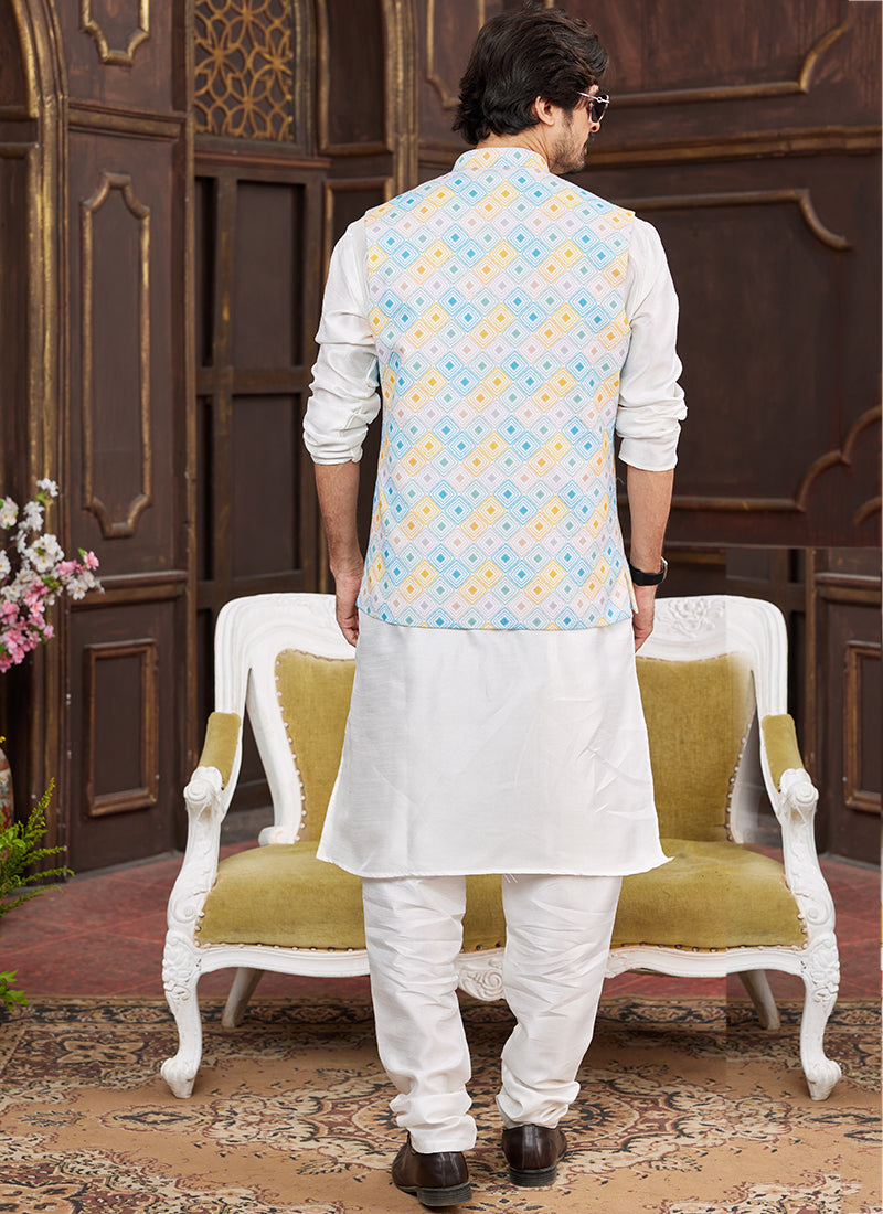 Banarasi Silk Multi Wedding Wear Digital Print Radymade Modi Jacket Kurta Pajama 357939