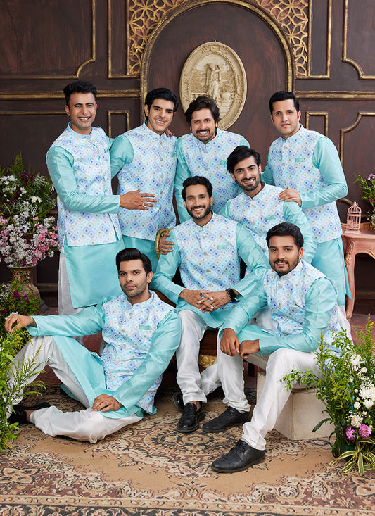 Banarasi Silk Sky Blue Wedding Wear Digital Print Radymade Modi Jacket Kurta Pajama 357940