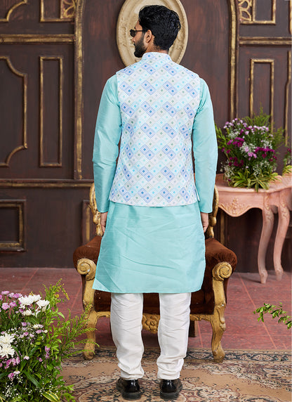Banarasi Silk Sky Blue Wedding Wear Digital Print Radymade Modi Jacket Kurta Pajama 357940