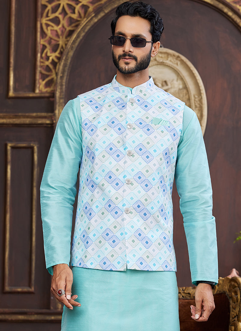 Banarasi Silk Sky Blue Wedding Wear Digital Print Radymade Modi Jacket Kurta Pajama 357940