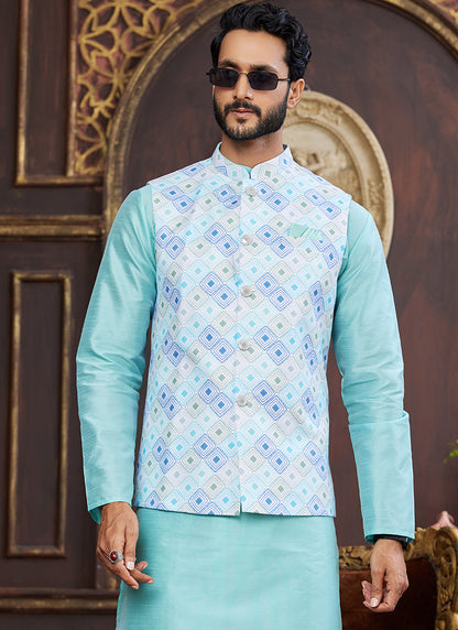 Banarasi Silk Sky Blue Wedding Wear Digital Print Radymade Modi Jacket Kurta Pajama 357940